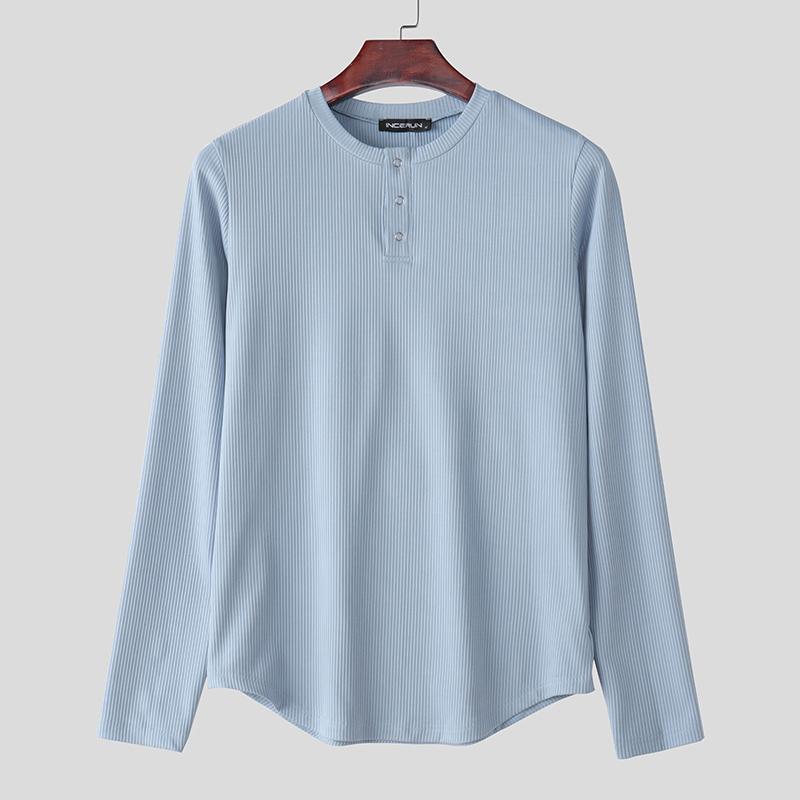 INCERUN Мужские повседневные облегающие топы с круглым вырезом и длинным рукавом в рубчик, футболки, майки