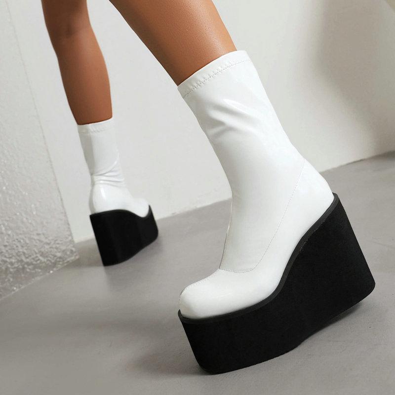 Легкая подошва из пеноматериала, платформа, танкетка, туфли на высоком каблуке для девочек, блестящая лакированная искусственная кожа, красные, белые эластичные ботильоны, готические женские черные сапоги