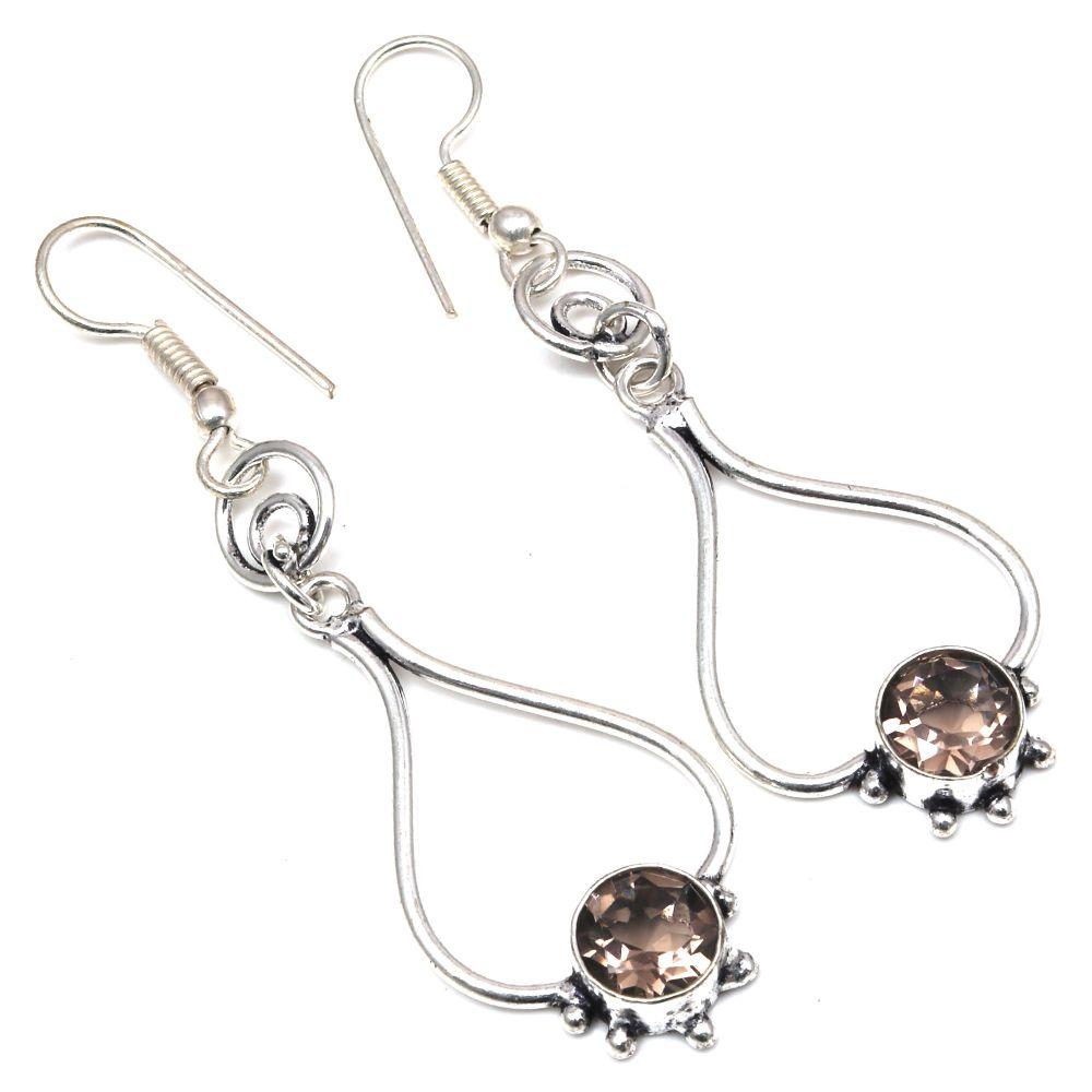 Smoky Quartz Gemstone Handmade Gift For Her Silver Jewelry Earrings 1.5''