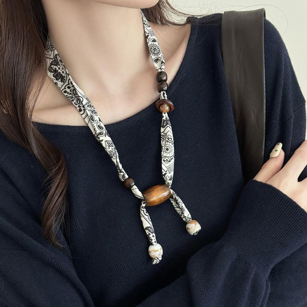 Шелковый шарф-ожерелье с леопардовым принтом и бусинами, с узором "кешью" и деревянными бусинами, в ретро-стиле, длинная выдвижная цепочка для свитера.