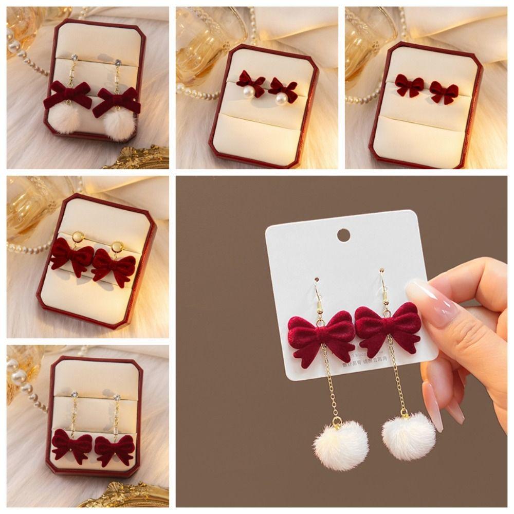 Zinc alloy Long Tassel Chain Flocking Bow Dangle Earrings NEW Earrings  New Year Gift