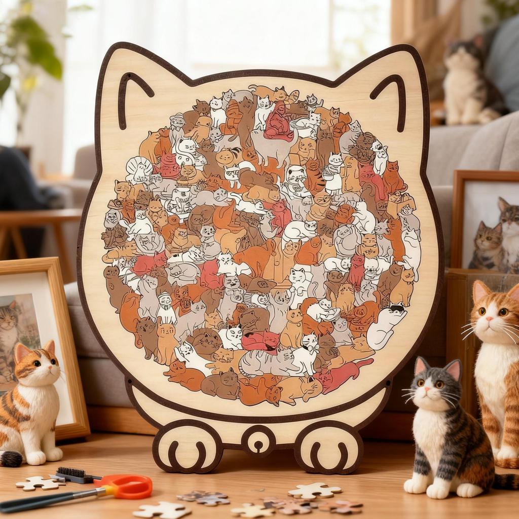 3D Деревянный Пазл с Кошкой, Пазл из Фигурок Кошек Необычной Формы, Подарочная Коробка для Любителей Кошек