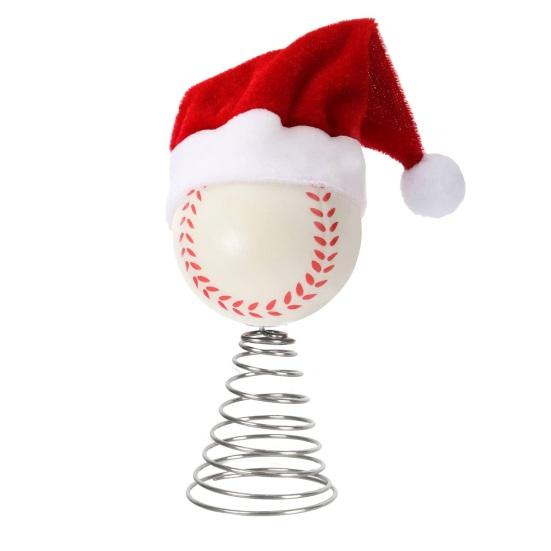 Rugby Christmas Tree Topper with Santa Hat Spring Base Bouncing Sports Ornament Fun Desk Decor for Holiday Parties Valentine's Day Gifts