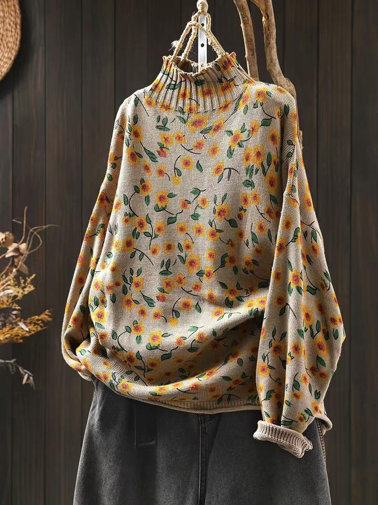 Johnature Женский зимний принт свободный ленивый свитер с длинными рукавами в китайском стиле, повседневный свитер с воротником-стойкой