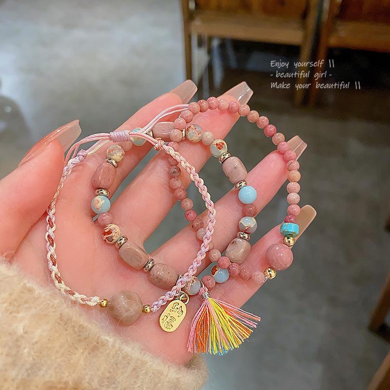 Chinese Style Strawberry Chalcedony Beaded Bracelet for Women - Girlfriend Gift Hand Jewelry