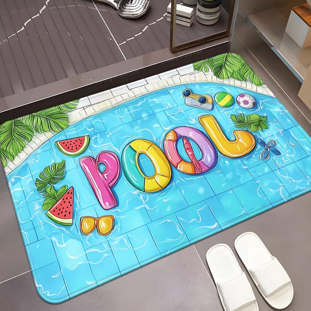 POOL Summer Door Mat, Inflatable Letter Swimming Pool Rug Tropical Beach Entrance Mat Water Splash Floor Mat for Patio, Bathroom