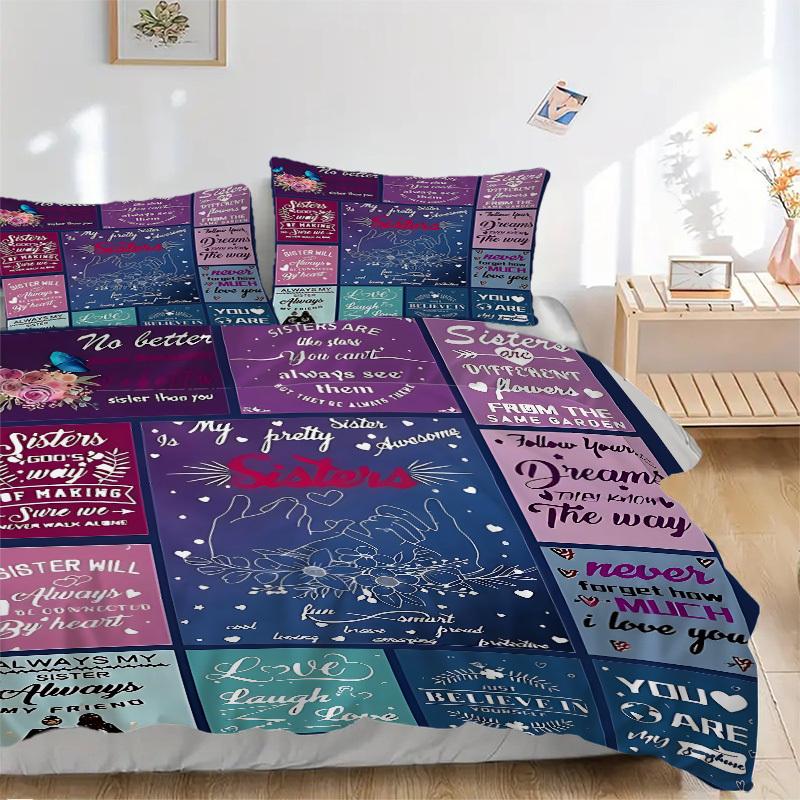 3PCs Sister Quotes Design Cover Set, Breathable Fabric, Machine Washable (1 Duvet Cover + 2 Pillowcases) (Without Quilt) yy250911179