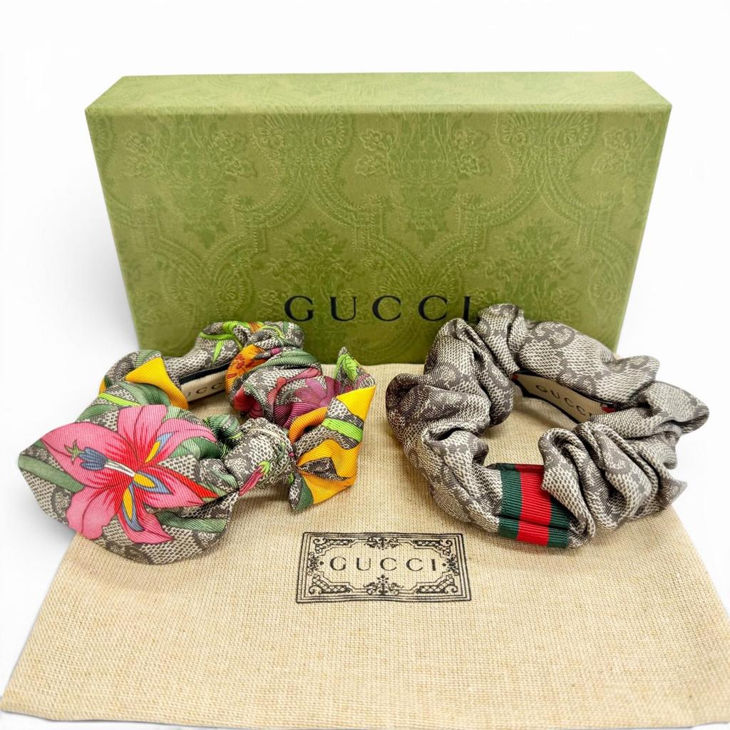 Pristine GUCCI GG Sherry Line Flower Ribbon Scrunchie (Set of 2) 765564 3G001 Used