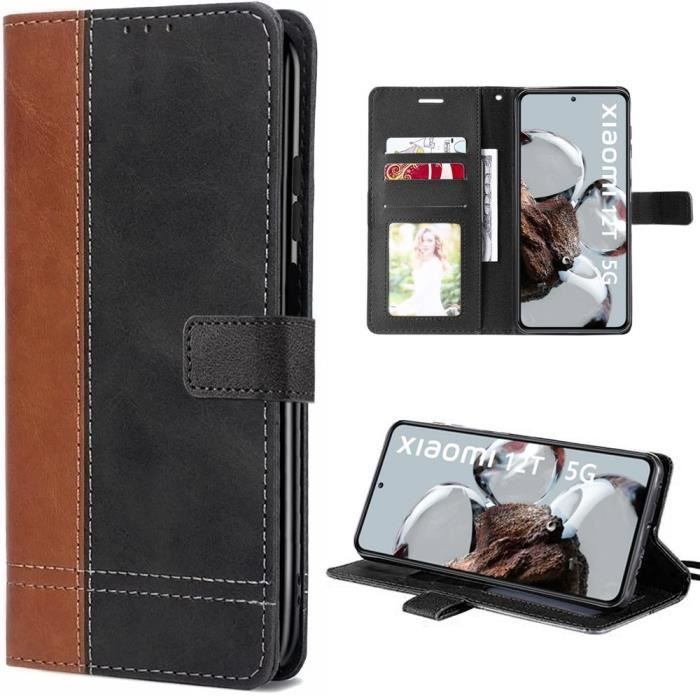 Coque pour Xiaomi 12T - 12T Pro - Effet Cuir Marron Antichoc avec Rangement Carte