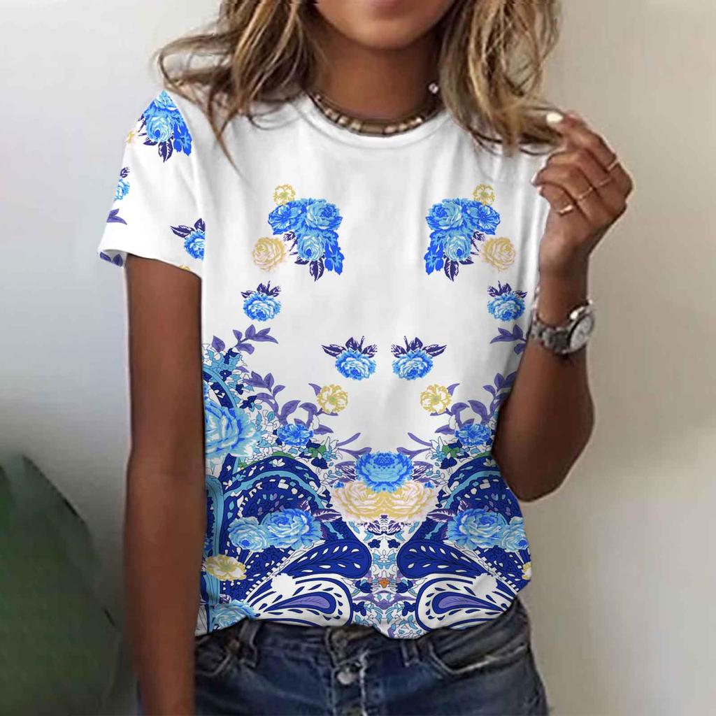 Летний топ с круглым вырезом и 3D-цветочным принтом, модные повседневные женские футболки с короткими рукавами