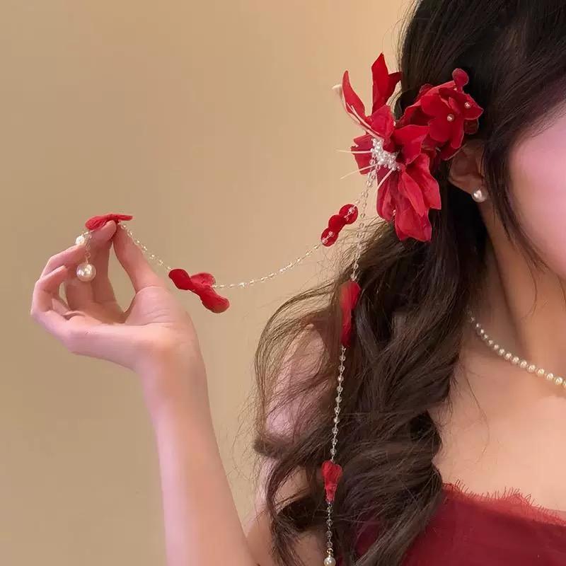 Super Fairy Pearl Flower Petal Fringed Hairpin Niche Fashion Sweet Grab Clip Photo Atmosphere Exquisite Hair Accessories Woman