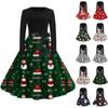 Рождественский принт расклешенное платье для женщин платье с длинным рукавом полые вечерние повседневные платья