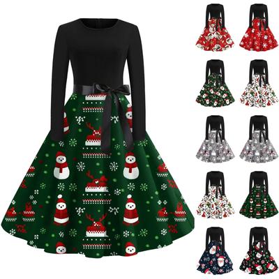 Рождественский принт расклешенное платье для женщин платье с длинным рукавом полые вечерние повседневные платья
