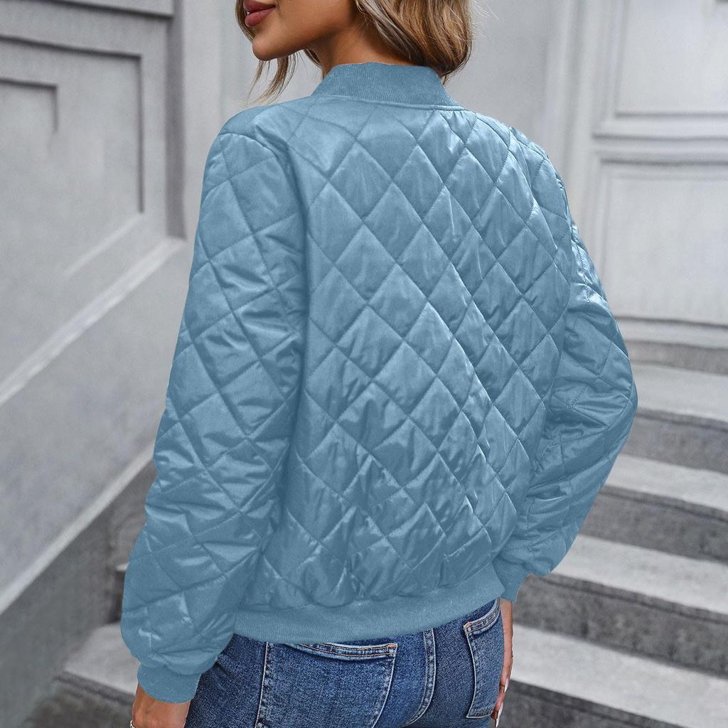 Ladies Zipper Long Sleeve Stand Collar Check Slim Baseball Padded Top Blouse Jacket Coat