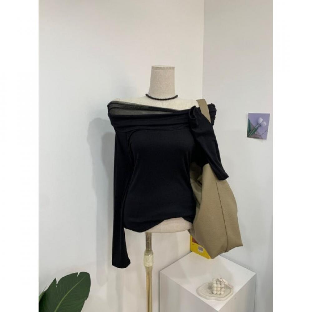 C S In The Room Sheer Layered ShirrIng Off Shoulder Long Sleeve T ShirT 4 ColorS