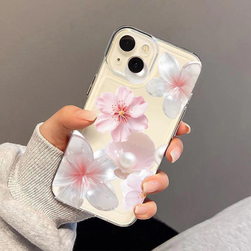 Прозрачный чехол для телефона с принтом «Цветок персика и жемчуг» для iPhone 17 Air 16 16e 15plus 14 13 12 11 Pro Max Мягкий прозрачный защитный чехол