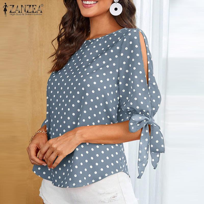 ZANZEA Женская летняя блузка с круглым вырезом и половиной рукавов с принтом в горошек