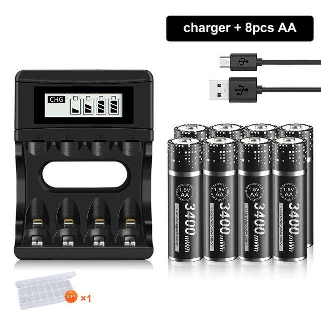 PALO Литий-ионная аккумуляторная батарея AA 1,5 В, 3400 мВтч, полимерная литий-ионная аккумуляторная батарея AA с 4 слотами, 1,5 В, зарядное устройство для батарей