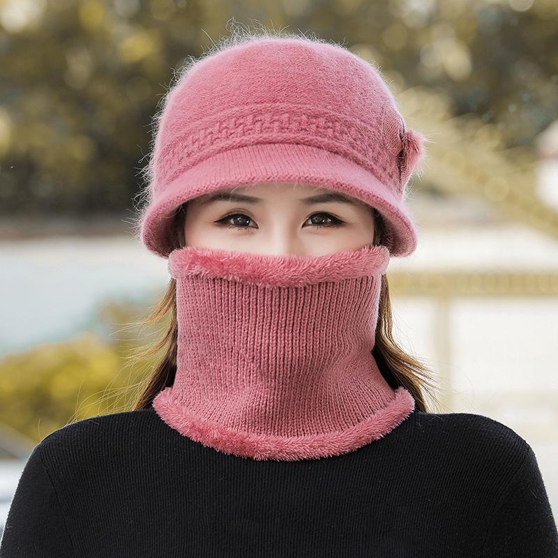 Женская осенне-зимняя вязаная шапка из кроличьего пуха с модным цветком