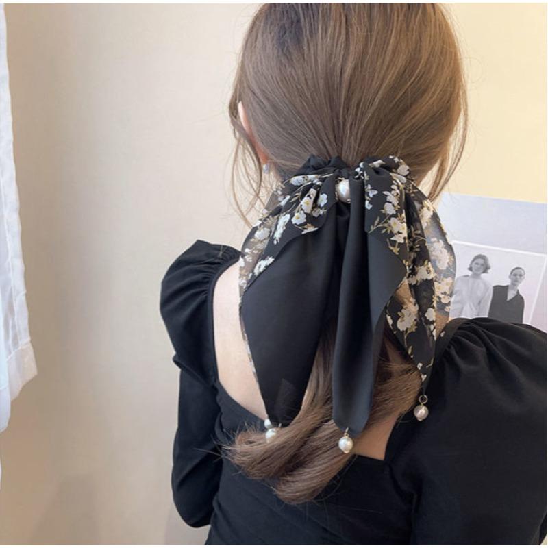 Элегантный принт, длинные резинки для волос с лентой для женщин, эластичный атласный шарф для хвоста, банты для волос для девочек с жемчужной резинкой для волос в стиле бохо
