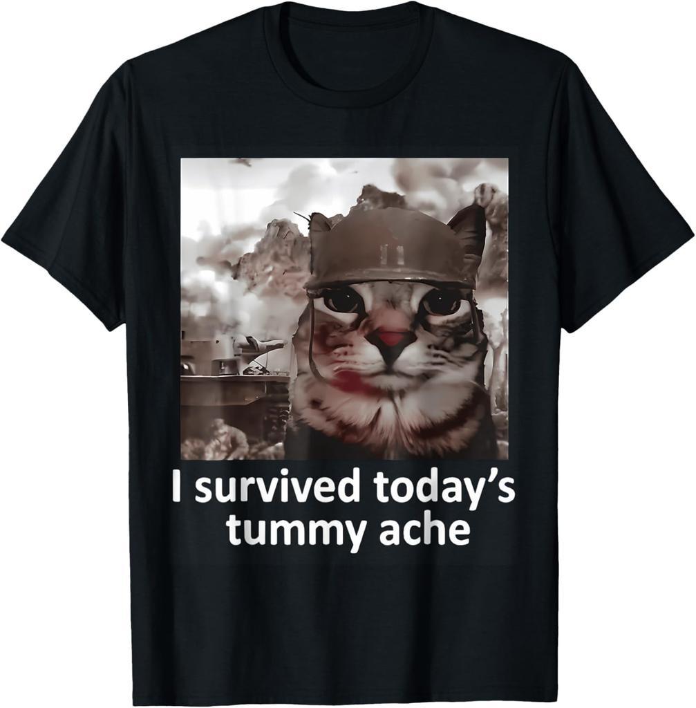 Mens Womens I Survived Today's Tummy Ache Groovy Funny Cat T-Shirt