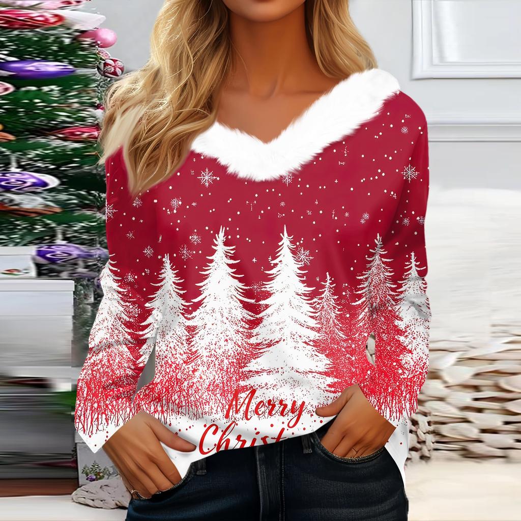 Женская мода с длинным рукавом, рождественский принт, плюшевый ворот, V-образный вырез, пуловер, топ