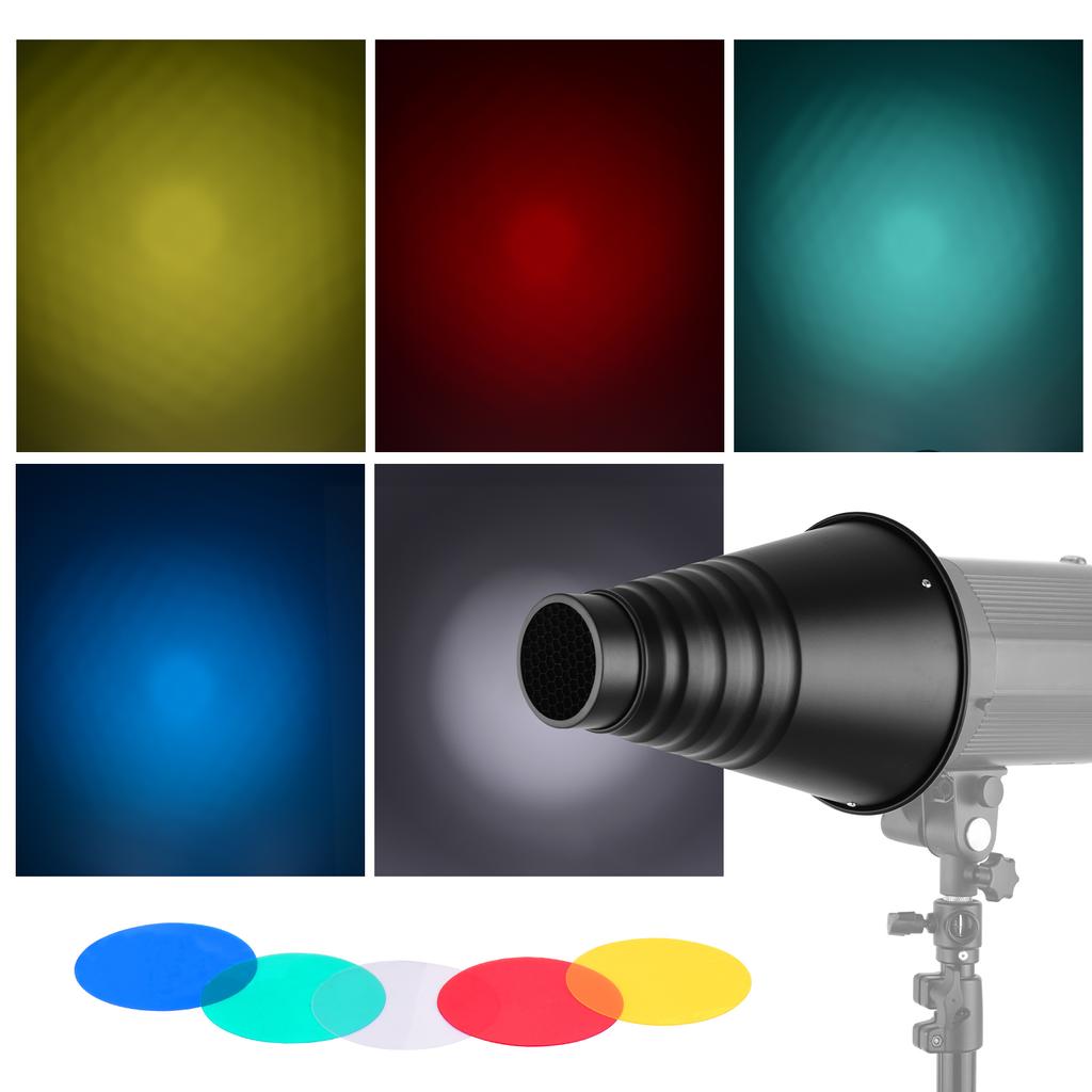 Большой металлический конический снут с сотовой решеткой 5 цветных фильтров Алюминиевый сплав для студийной вспышки с креплением Bowens