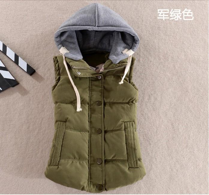 Women wearing cotton vests in autumn and winter, removable hat, slim-fitting sleeveless cotton-padded jacket, simple solid color women's warm vest