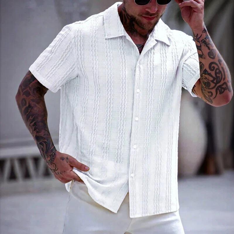 Men S Short Sleeve Striped Tropical Style Loose Turn Down Collar Casual Shirt