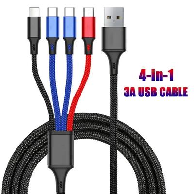4 в 1 USB-кабель для зарядки 3A USB A на Micro USB/Type C/8-контактный кабель для зарядки iPhone, быстрая передача данных для iPhone 14 11 Xiaomi