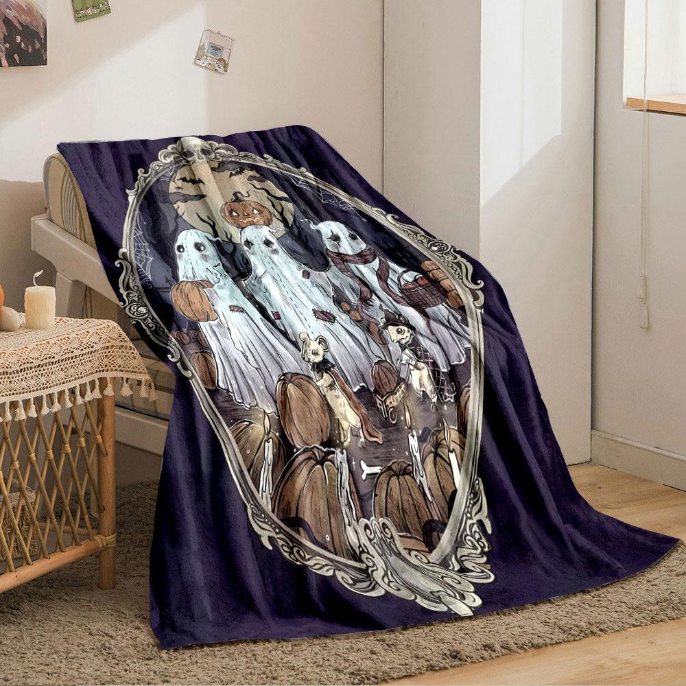 Ghosts, pumpkins, candles, bats, and mice depicted in a spooky setting. for all seasons blanket lunch break throw gift