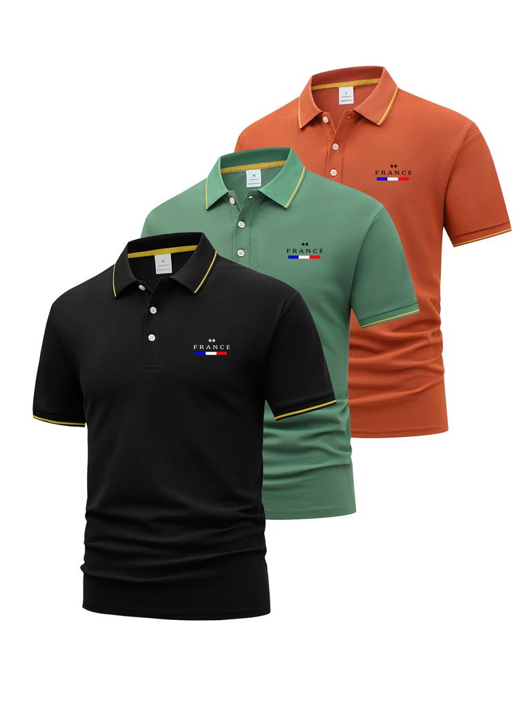 3 Pack Mens Piped Trim Short Sleeve Polo Shirt, Casual Business Travel Tops, Regular Fit for Trip Errands Outdoor Walk Commute Daily Wear