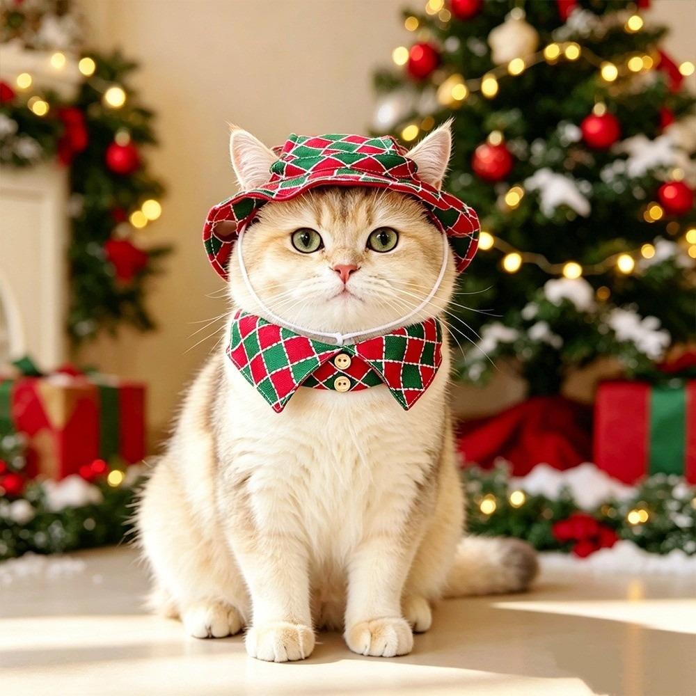 Leash Ring Christmas Pet Collar Plaid Pattern Cat Fisherman Hat Holiday Pet Costume Cat Lovers