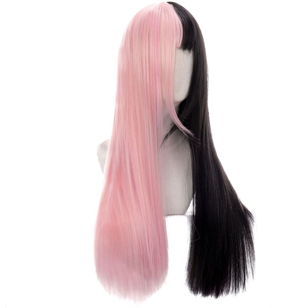 Women Female Synthetic Bangs Cosplay Lolita Double Color Toupee Black&pink Wig Long Straight Hair