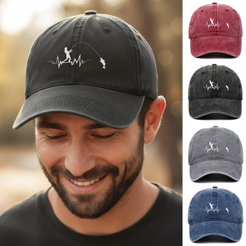 Fashion Fishing Pattern Design Embroidery Baseball Cap Visor Adjustable Peaked Cap Washed Cotton Baseball Hats For Man Women