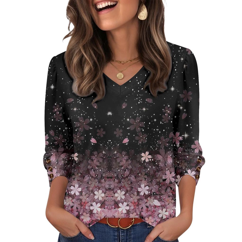 Women's Fashionable And Casual Floral V-neck Top
