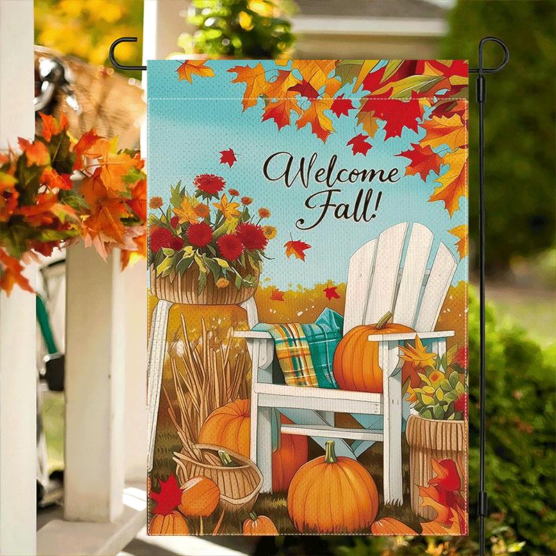 2D Flat - 2D Printing, Double-Sided Garden Flag for Autumn Featuring Showcasing Maple Leaves, Pumpkins, And Sunflowers. Perfect for Welcoming The Fall