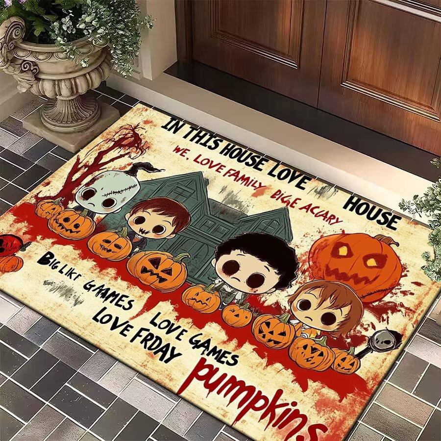 Halloween Cartoon Characters Door Mat, Pumpkin Haunted House Pattern, Soft Non - Slip Rug for Entryway Home Decor