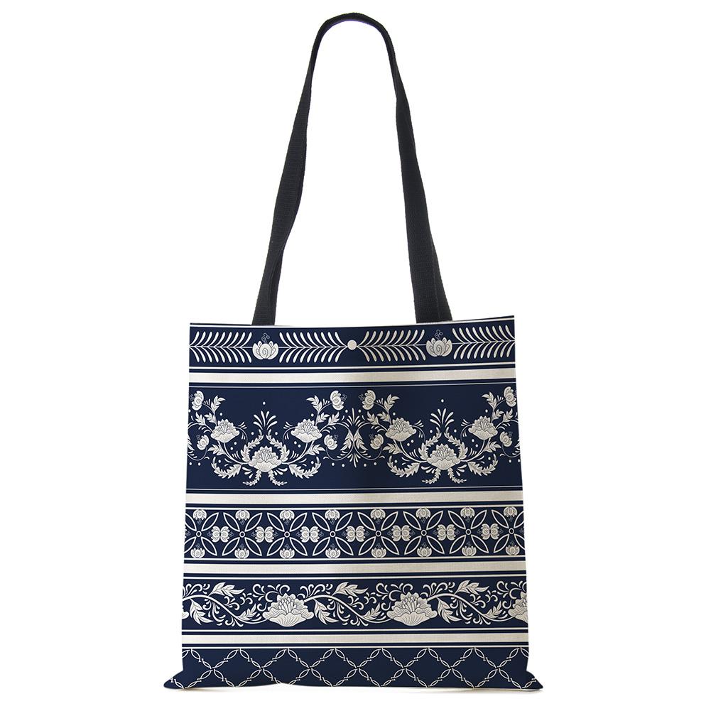 Elegant Lady Girls Handbag Floral Porcelain Geometry Abstract Pattern Shoulder Bag Casual Teenager Book Tote for Shopping