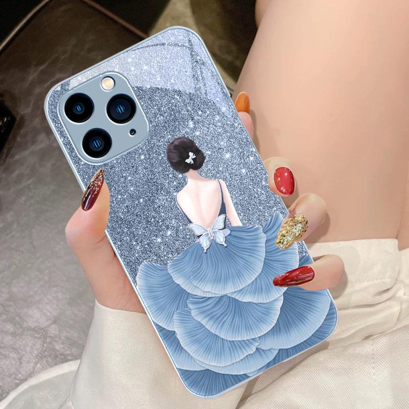 Чехол для телефона из закаленного стекла Flower Girl Colorful для iPhone 16 Pro Max 15 Pro 14 13 12 Mini 11 XS Max XR 7 8 Plu SE 2022