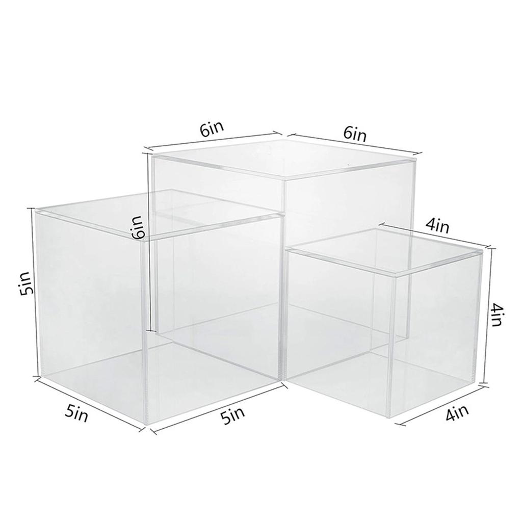 Set of 3 Acrylic Cube Stand Nesting Risers Versatile 4" 5" 6" Cubes with Hollow Bottom for Photography Accessory Lightweight