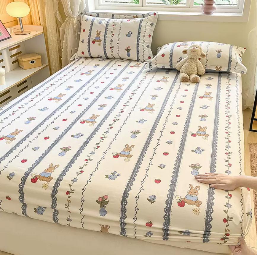 Cartoon Space Animal Printed Fitted Sheet with Elastic Band + 2pcs Pillowcases 100% Cotton Mattress Protector For Kids 16 Sizes