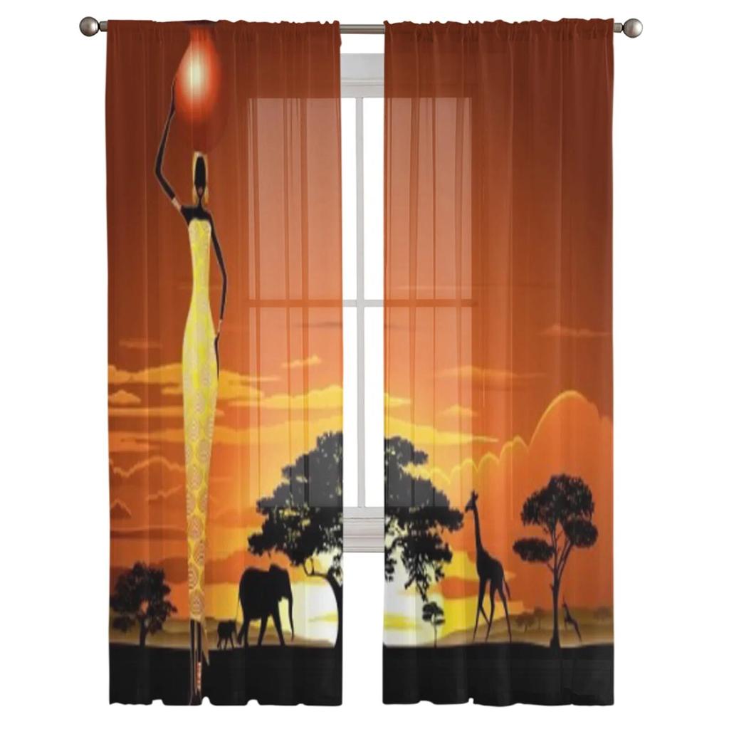 African Woman On Bright Savannah Sunset Tulle Sheer Curtains for Living Room Bedroom Kitchen Decoration Voile Organza Curtains
