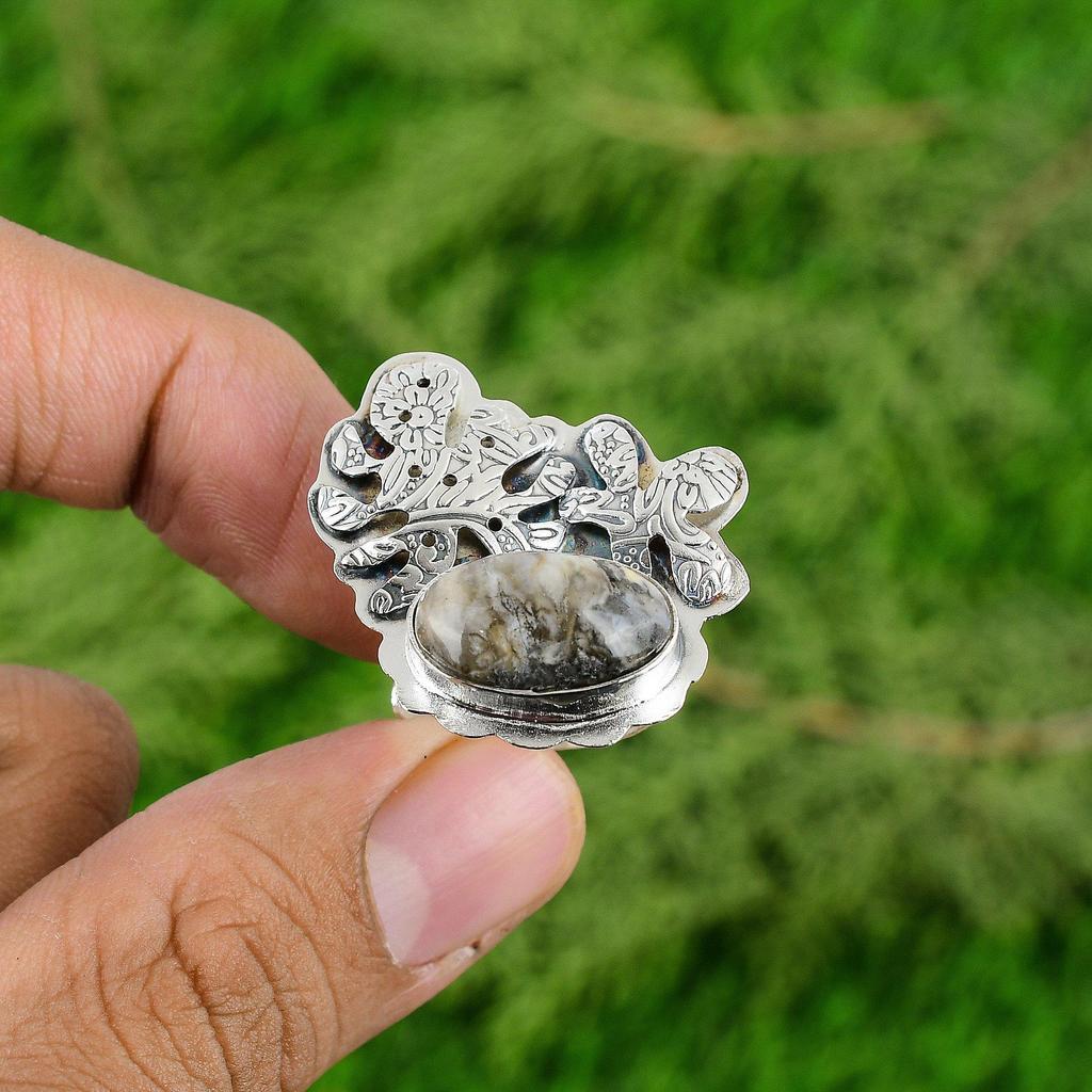 Natural Plume Agate Gemstone Multi Stone Adjustable Ring 925 Silver For Girls