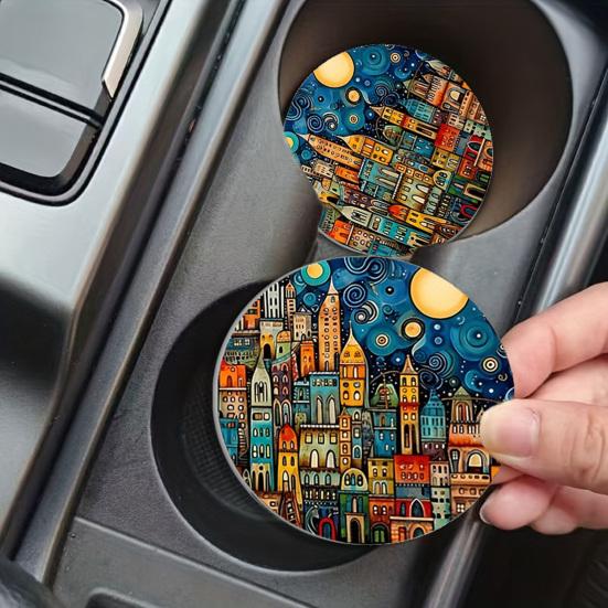 jijijing 2PCS Car Coasters, Oil Painting Print, Decorative Non-Slip Thermal Pads, Stain-Resistant Easy to Clean Cup Holders, for Home Kitchen