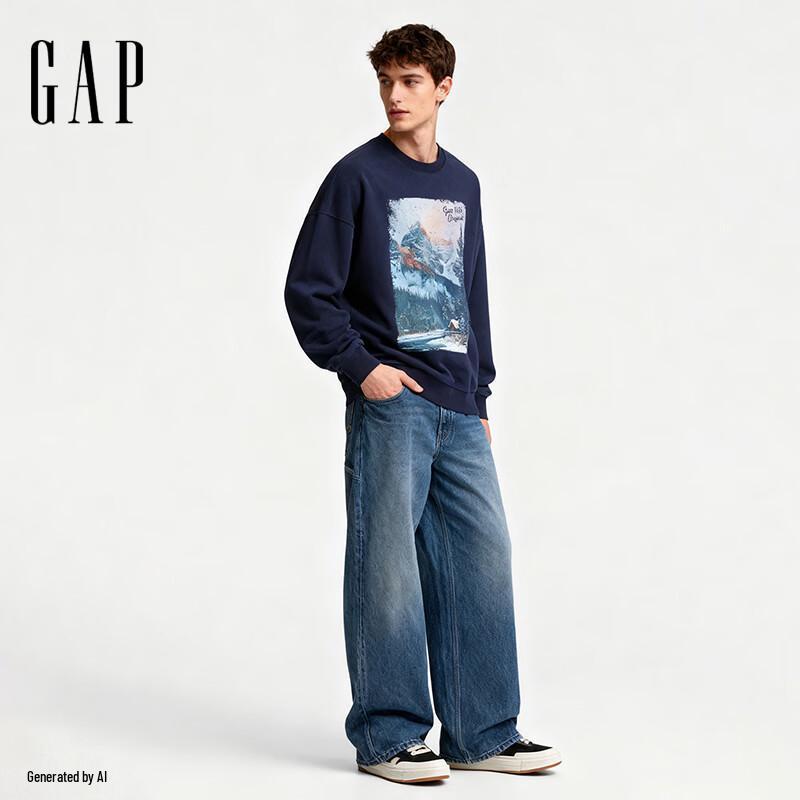 Gap Унисекс толстовка с круглым вырезом и нордическим принтом из плотного флиса