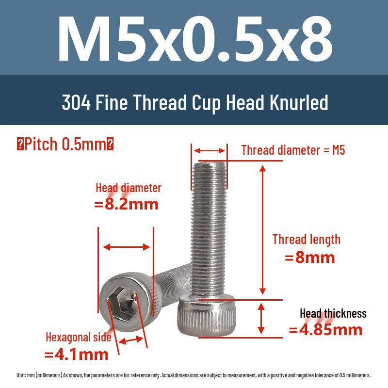 Yigu Fine Thread Knurled Socket Head Screws, 304 Stainless Steel, M3-M12