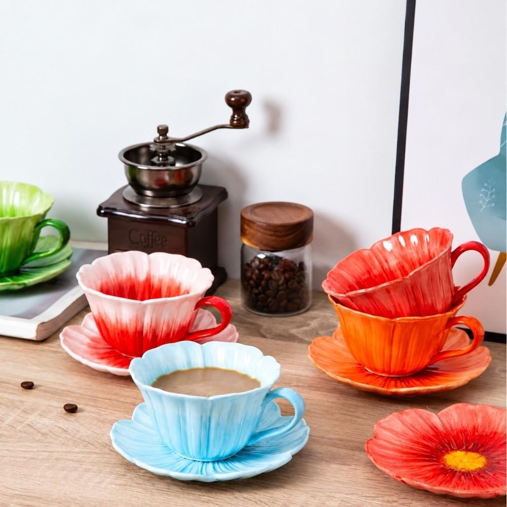 Flower Shaped Ceramic Coffee Cup Saucer Set Tableware Ceramic Coffee Mug Home Decor