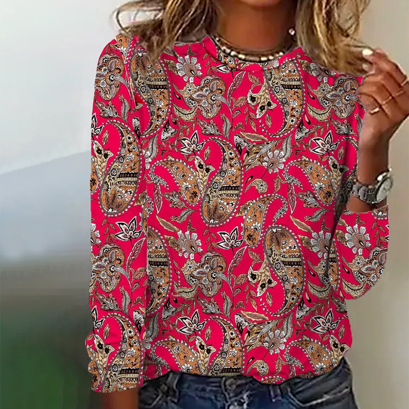 Autumn and Winter Women's Long Sleeve 3d Printed Floral Print T-Shirt Women Streetwear Round Neck Long Sleeve