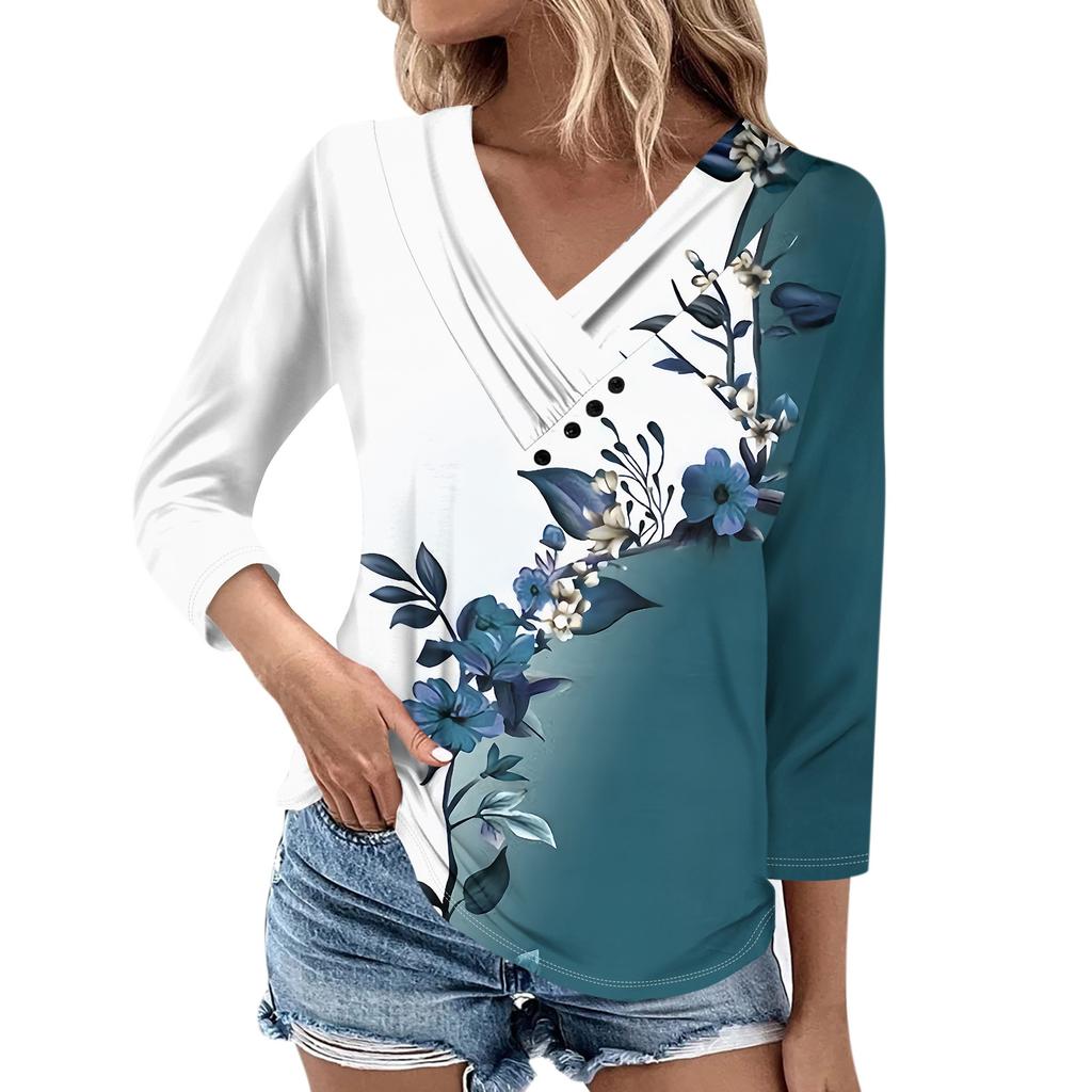 Womens 3/4 Sleeve Daily Weekend V Neck Casual Printed Tshirts Loose Fit Pleated Tees Ladies Blouse